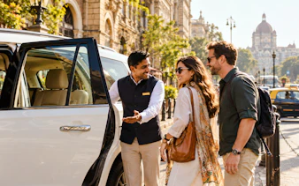 Tourists entering a car for Mumbai Private Shopping Express with guide in Agra.