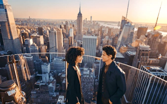 Couple enjoying the view from Top of the Rock, New York City skyline in background.