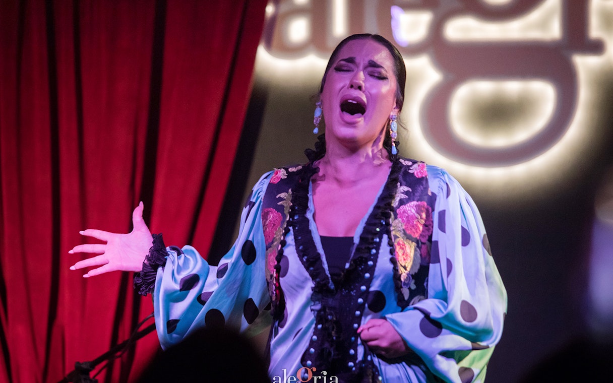Flamenco performer singing passionately at Alegría Flamenco & Gastronomia.