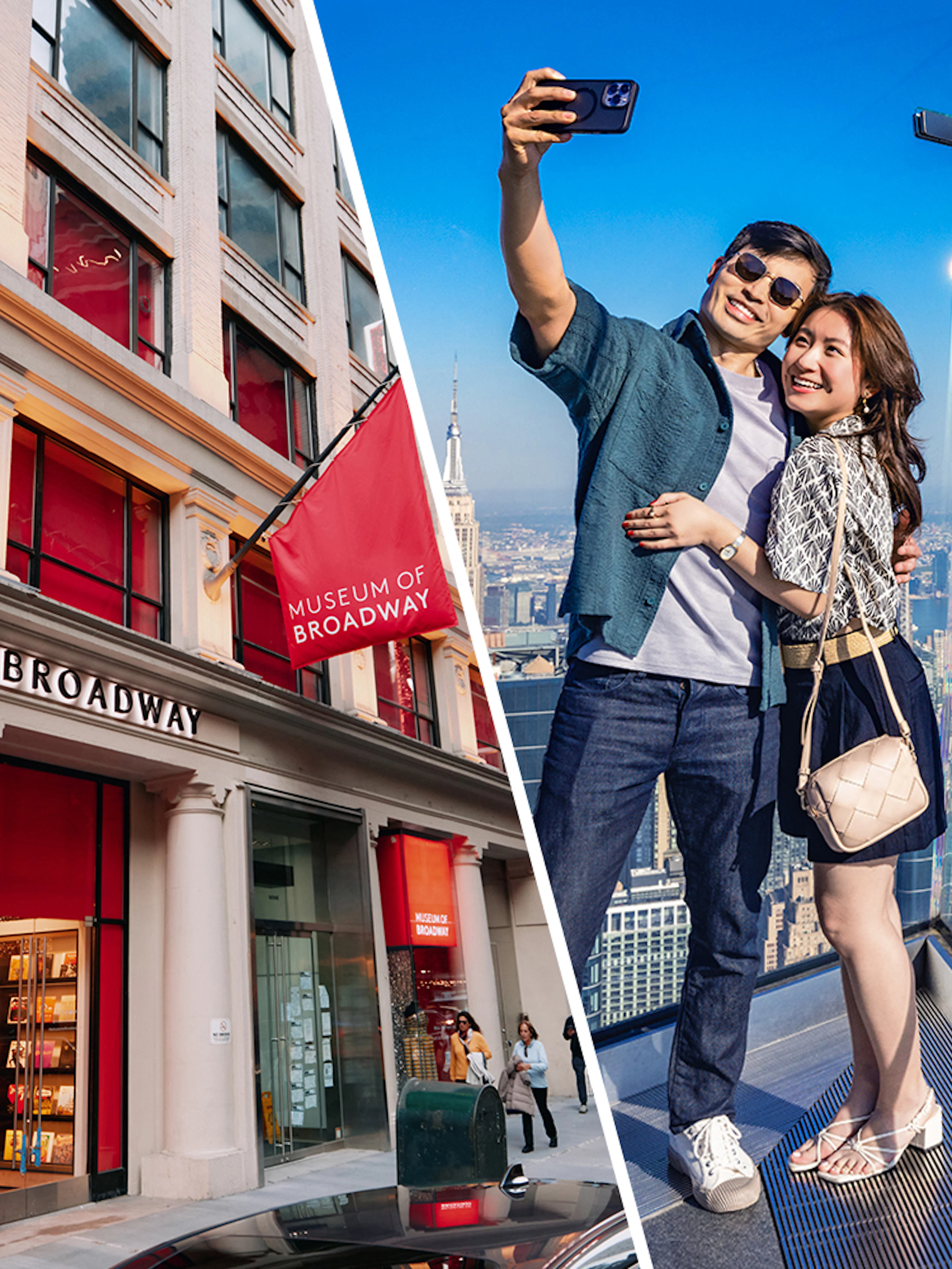 Museum of Broadway entrance and couple taking selfie at Edge Observation Deck, New York City.