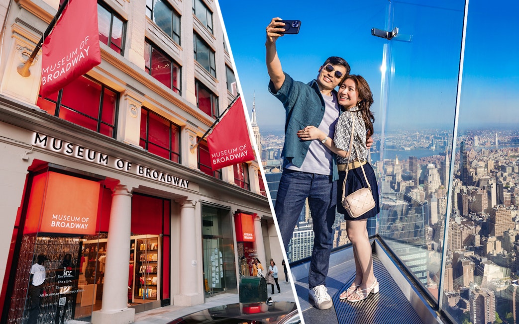 Museum of Broadway entrance and couple taking selfie at Edge Observation Deck, New York City.