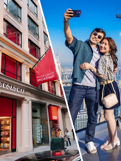 Museum of Broadway entrance and couple taking selfie at Edge Observation Deck, New York City.