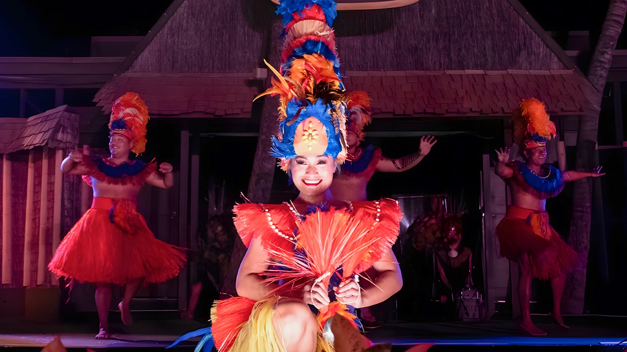 Performers on stage at Mauka Warriors Luau cultural night show, Hawaii.