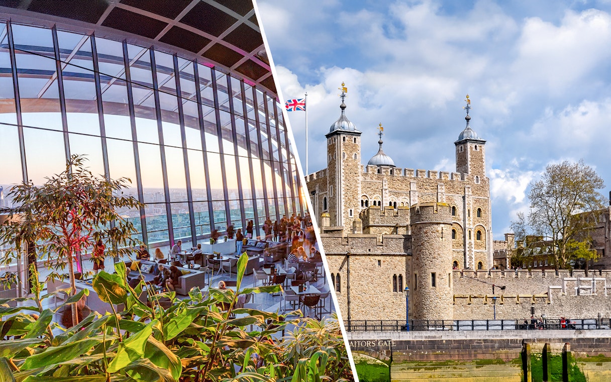 Sky Garden interior with evening view and Tower of London exterior.
