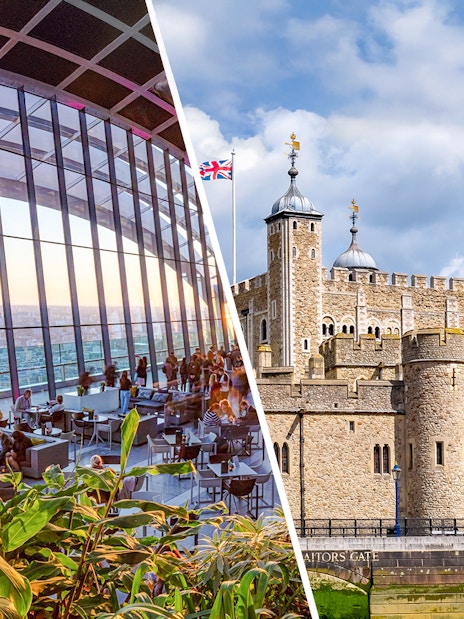 Sky Garden interior with evening view and Tower of London exterior.