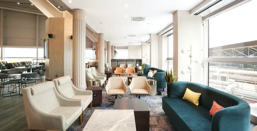 Plaza Premium Lounge seating area at Leonardo da Vinci-Fiumicino Airport Terminal 1.