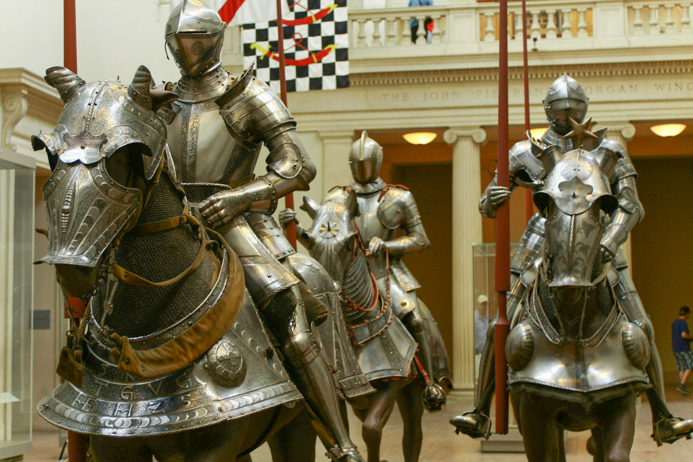 Knights in armor on horseback at the Metropolitan Museum of Art, New York City.