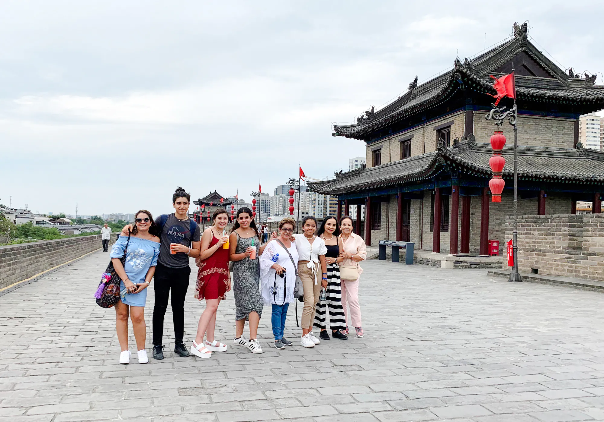 Group of tourists on Xian City Wall during guided tour from Chengdu.