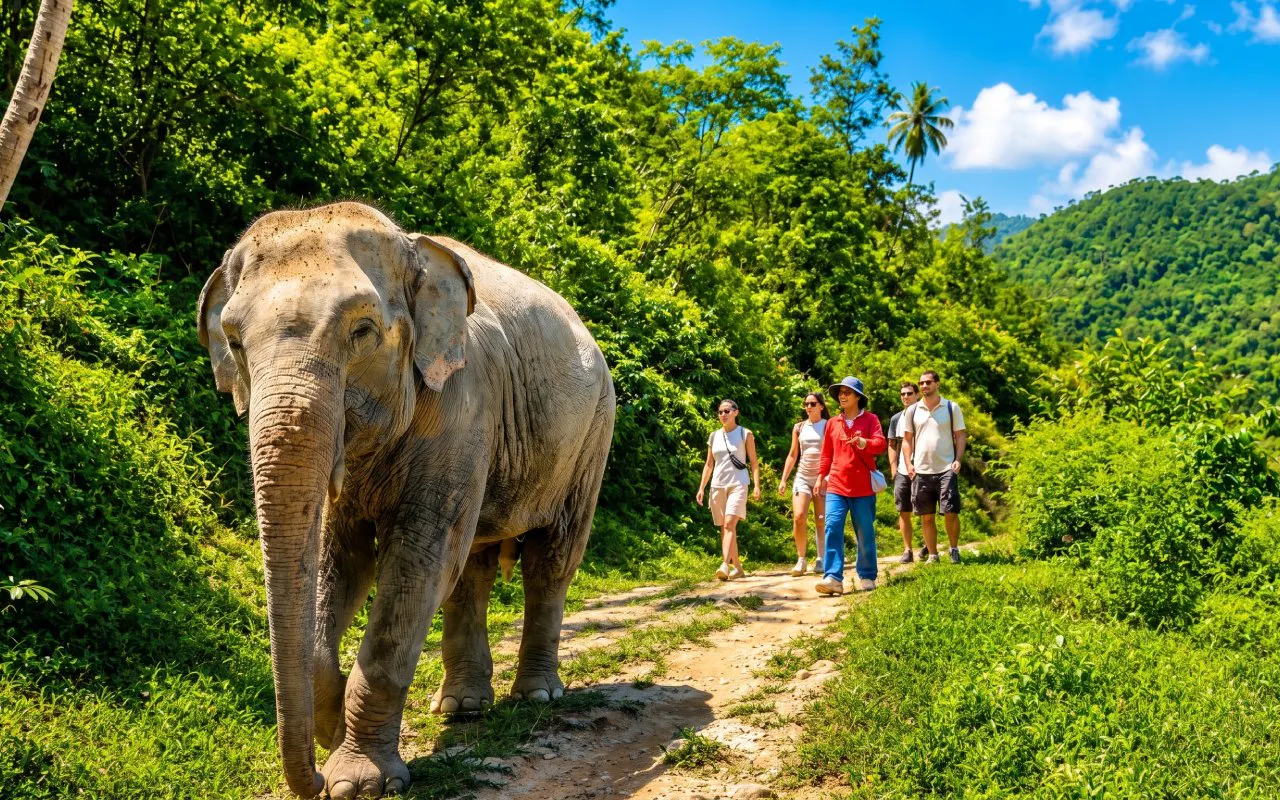Elephant walking with tourists on a hillside trail at Patong Hill Tribe Elephant Village.