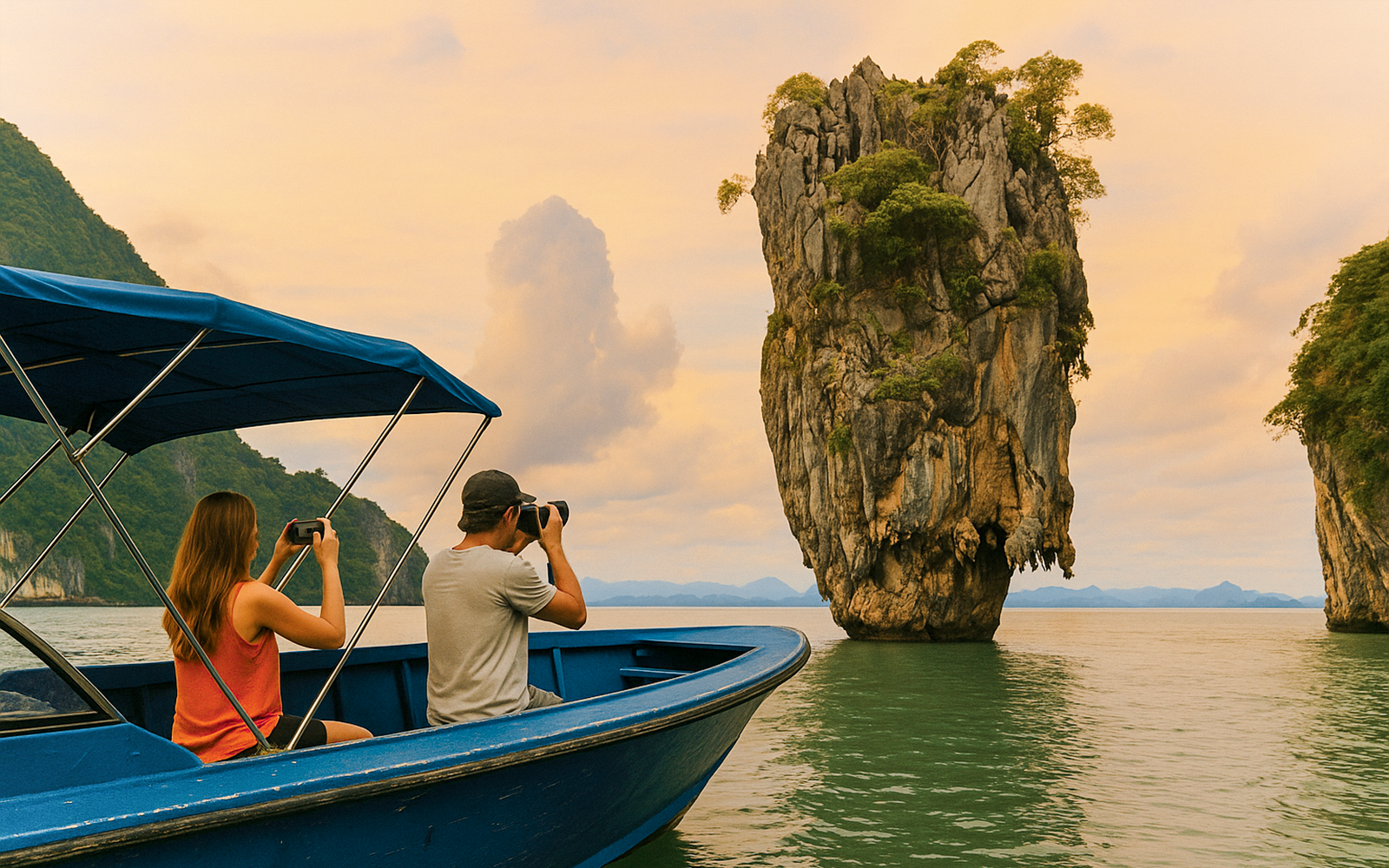 Tourist photographing Lion Rock from speedboat on Langkawi Island Hopping tour.
