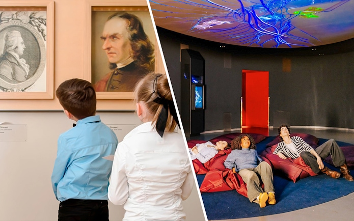 Children viewing portraits at Mozarthaus Vienna exhibit.
