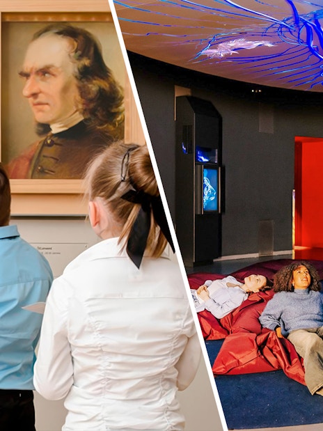 Children viewing portraits at Mozarthaus Vienna exhibit.