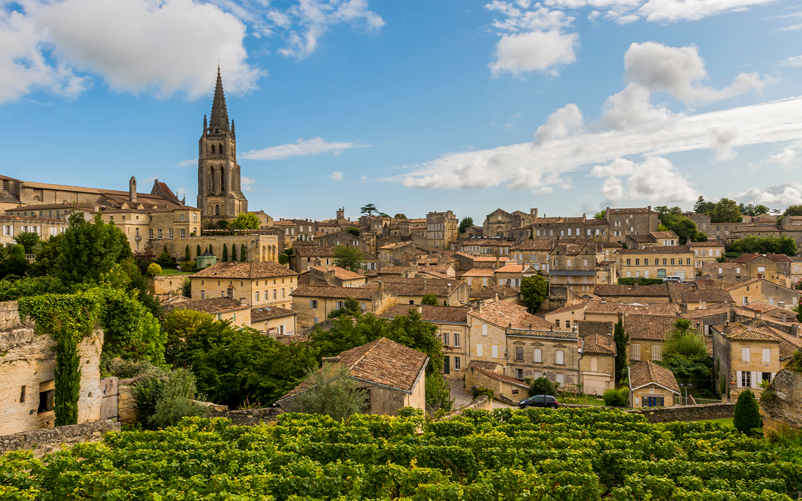 Saint Emilion village with vineyards and church tower under blue sky.