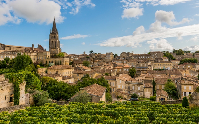 Saint Emilion village with vineyards and church tower under blue sky.