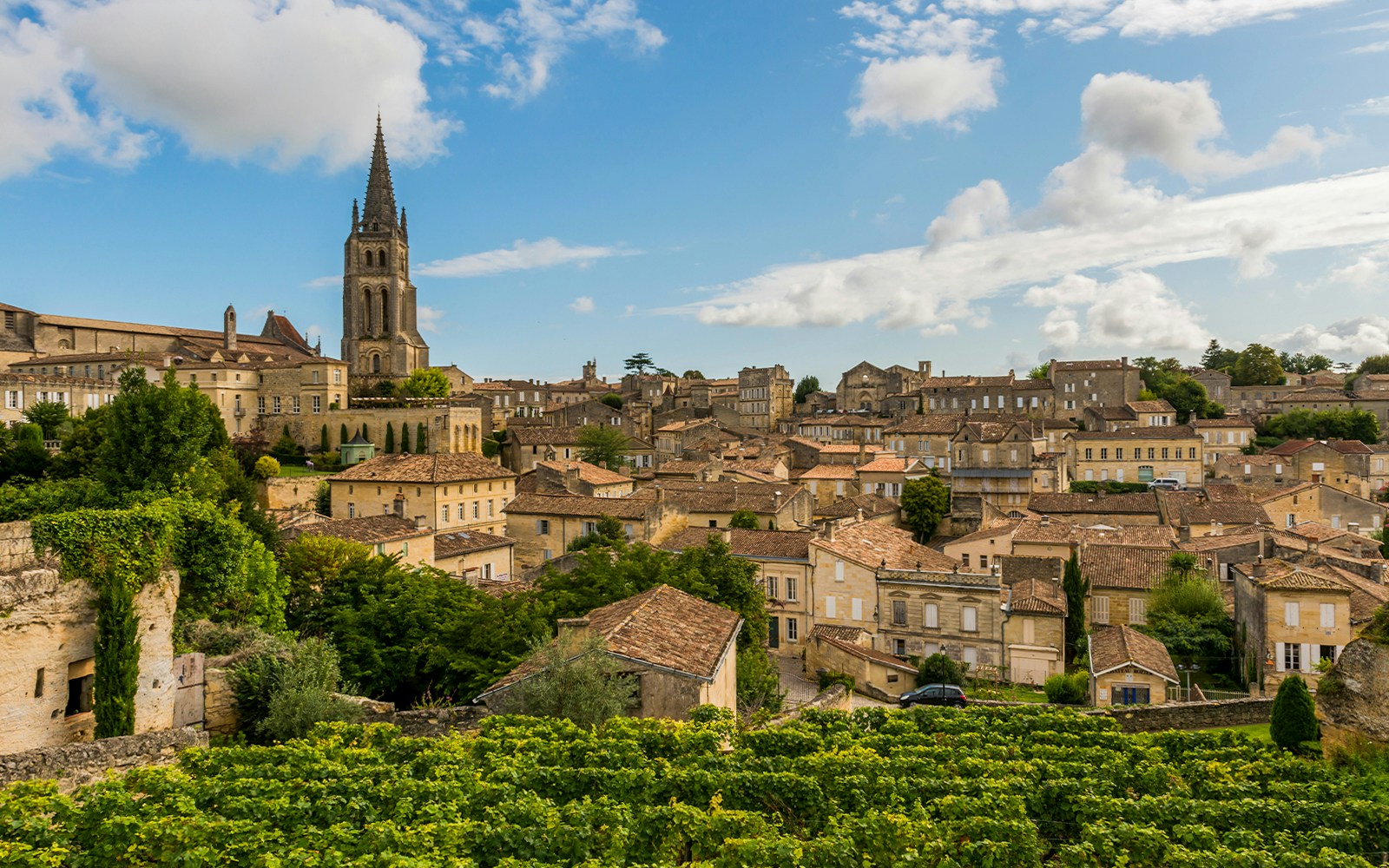 Saint Emilion village with vineyards and church tower under blue sky.
