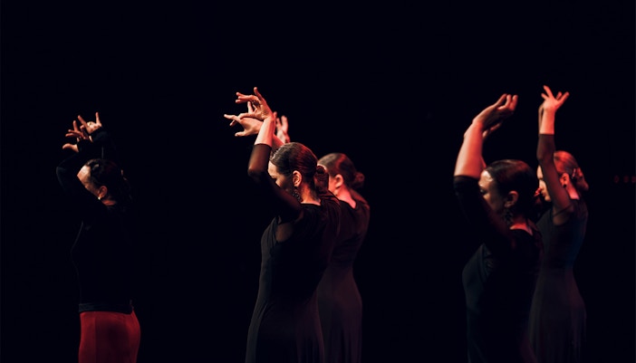 Flamenco dancers performing on stage with raised arms.