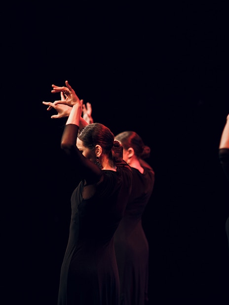 Flamenco dancers performing on stage with raised arms.