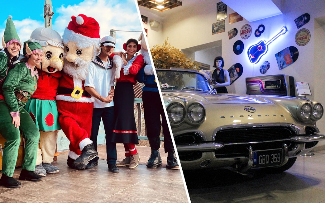 Popeye Village characters posing with visitors; classic car display at Malta Classic Car Collection Museum.