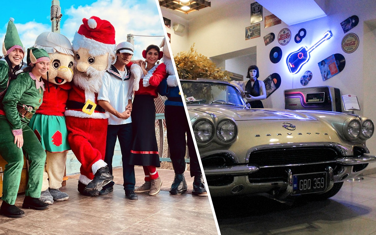 Popeye Village characters posing with visitors; classic car display at Malta Classic Car Collection Museum.