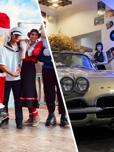 Popeye Village characters posing with visitors; classic car display at Malta Classic Car Collection Museum.