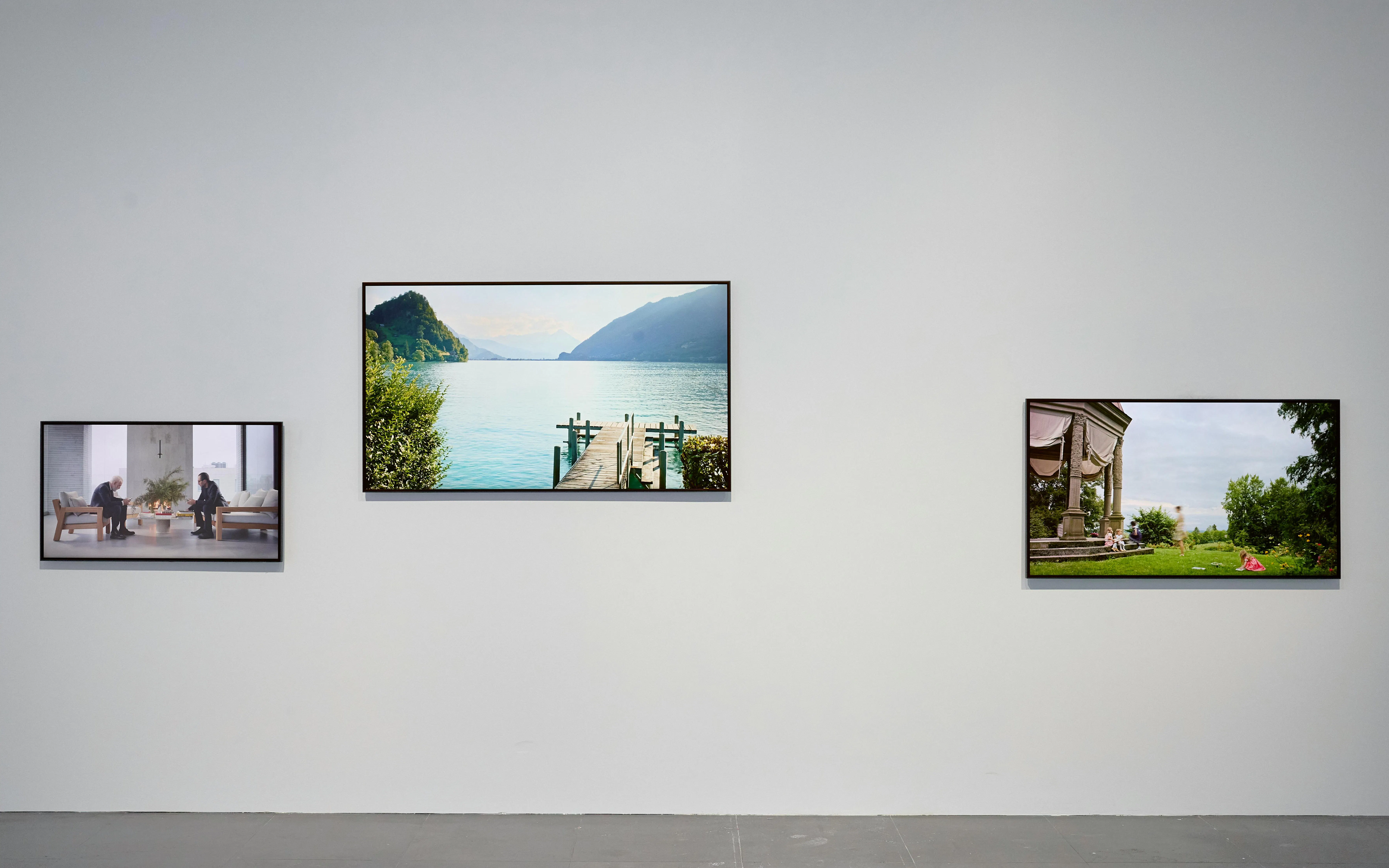 Three framed artworks displayed on a gallery wall at the Ragnar Kjartansson: Mercy Exhibition, National Gallery of Victoria.