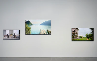 Three framed artworks displayed on a gallery wall at the Ragnar Kjartansson: Mercy Exhibition, National Gallery of Victoria.