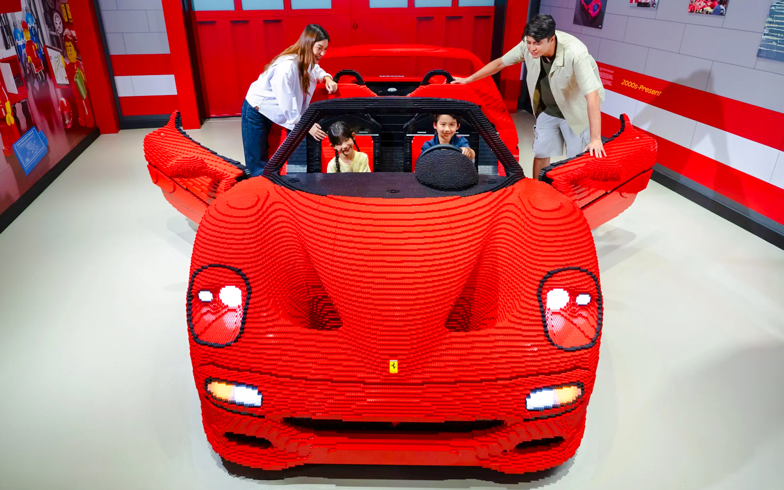 Lego Ferrari model with open doors at Ferrari Garage, Legoland Theme Park Malaysia.