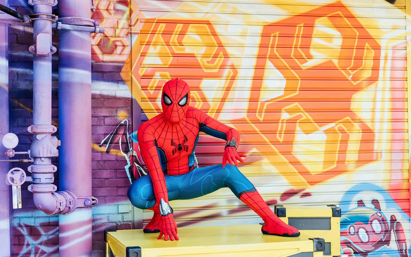Spiderman crouching on a box at Universal Orlando meet and greet.
