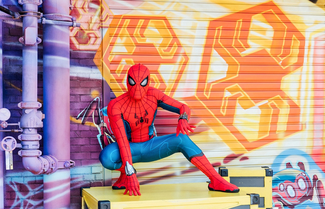 Spiderman crouching on a box at meet and greet.