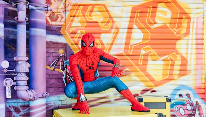 Spiderman crouching on a box at Universal Orlando meet and greet.
