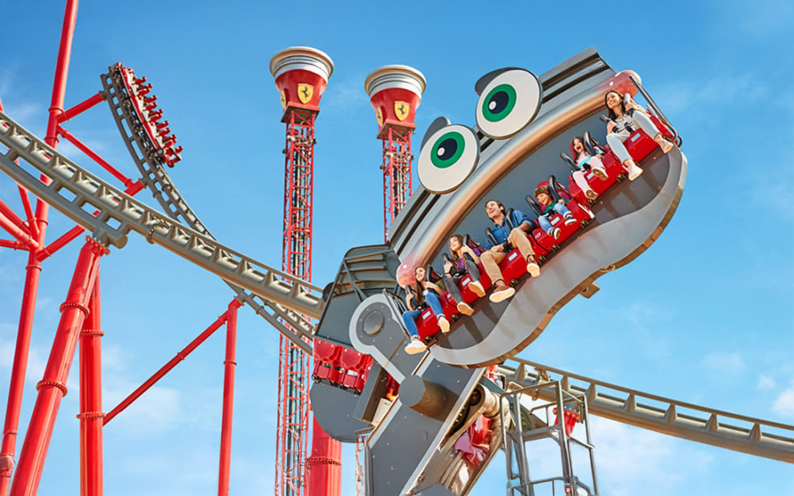 A zoomed in look of the Red Coloured Crazy Pistons Roller Coaster Ride