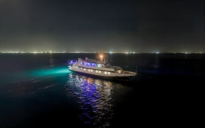 Cruise ship illuminated at night on Larnaca's waters during disco sunset tour.