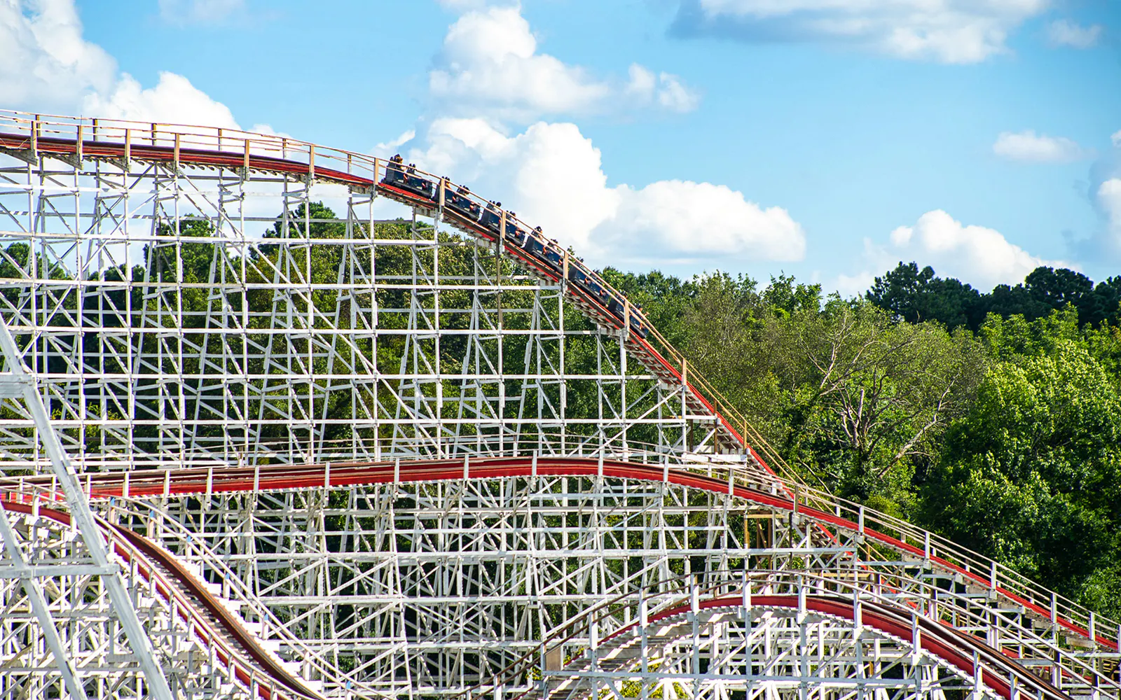 Roller coaster on The Great American Scream Machine at Six Flags Over Georgia.