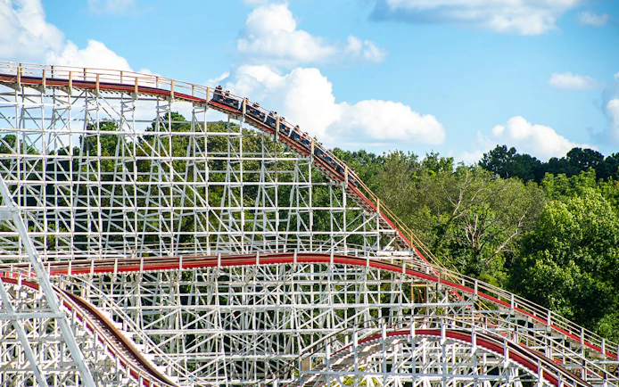Roller coaster on The Great American Scream Machine at Six Flags Over Georgia.