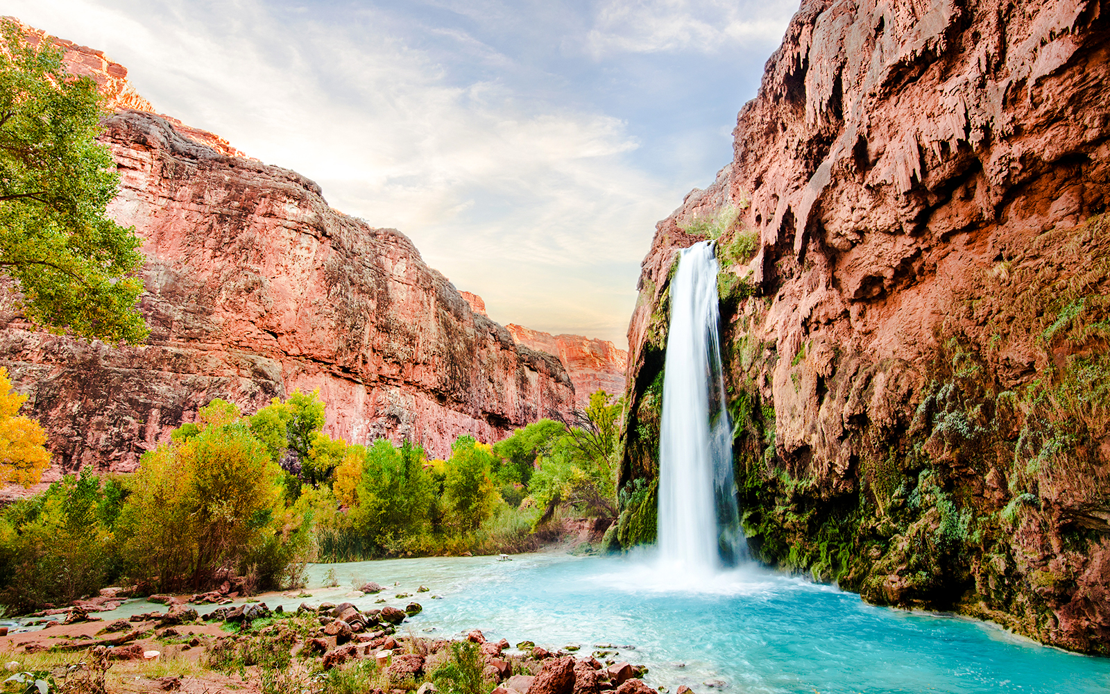 An image of cascading Havasu Falls in the Grand Canyon, Arizona.