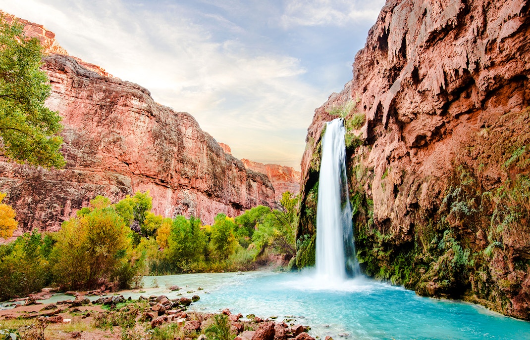 An image of cascading Havasu Falls in the Grand Canyon, Arizona.