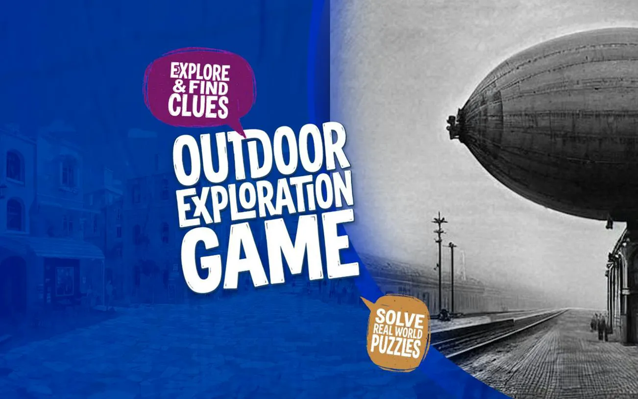 Zeppelin over Bucharest railway, promoting self-guided city exploration game.