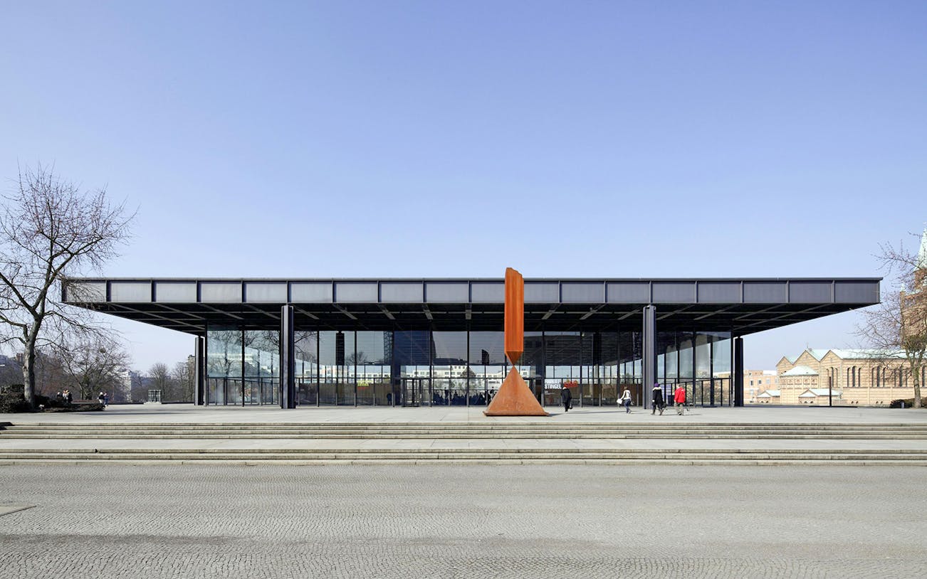 Neue Nationalgalerie exterior with sculpture in Berlin, Germany.