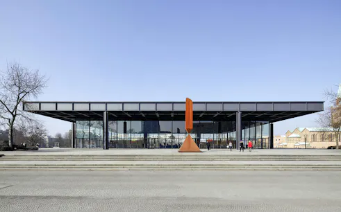 Neue Nationalgalerie exterior with sculpture in Berlin, Germany.