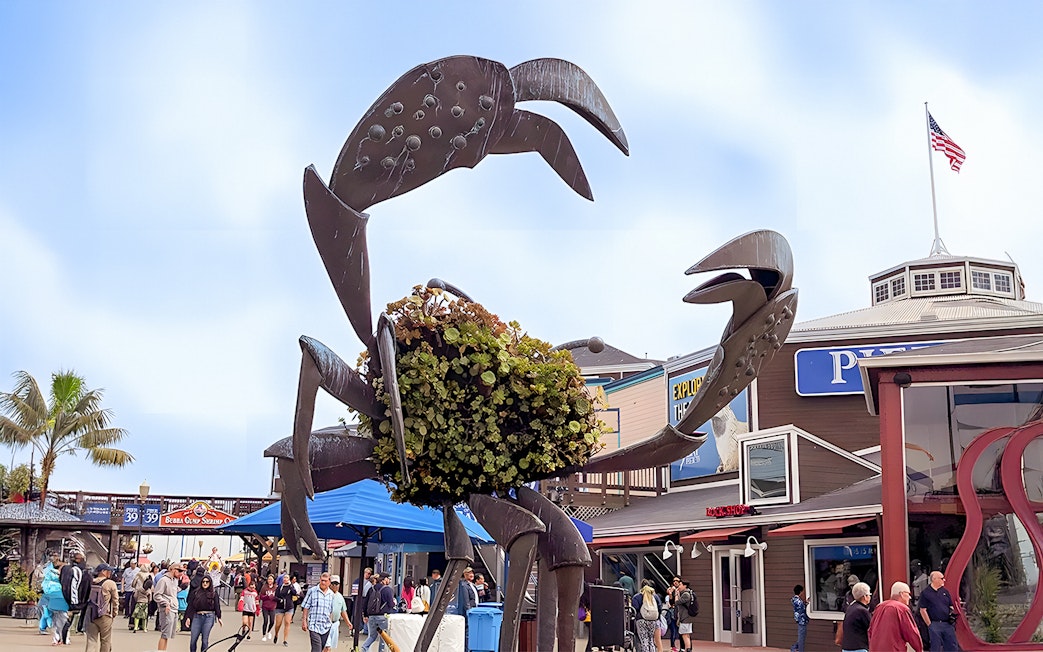 Dungeness crab sculpture at Pier 39, San Francisco waterfront.
