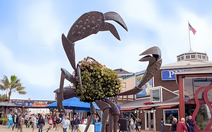Dungeness crab sculpture at Pier 39, San Francisco waterfront.