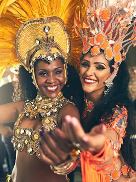Carnival dancers in vibrant costumes at Rio de Janeiro festival.