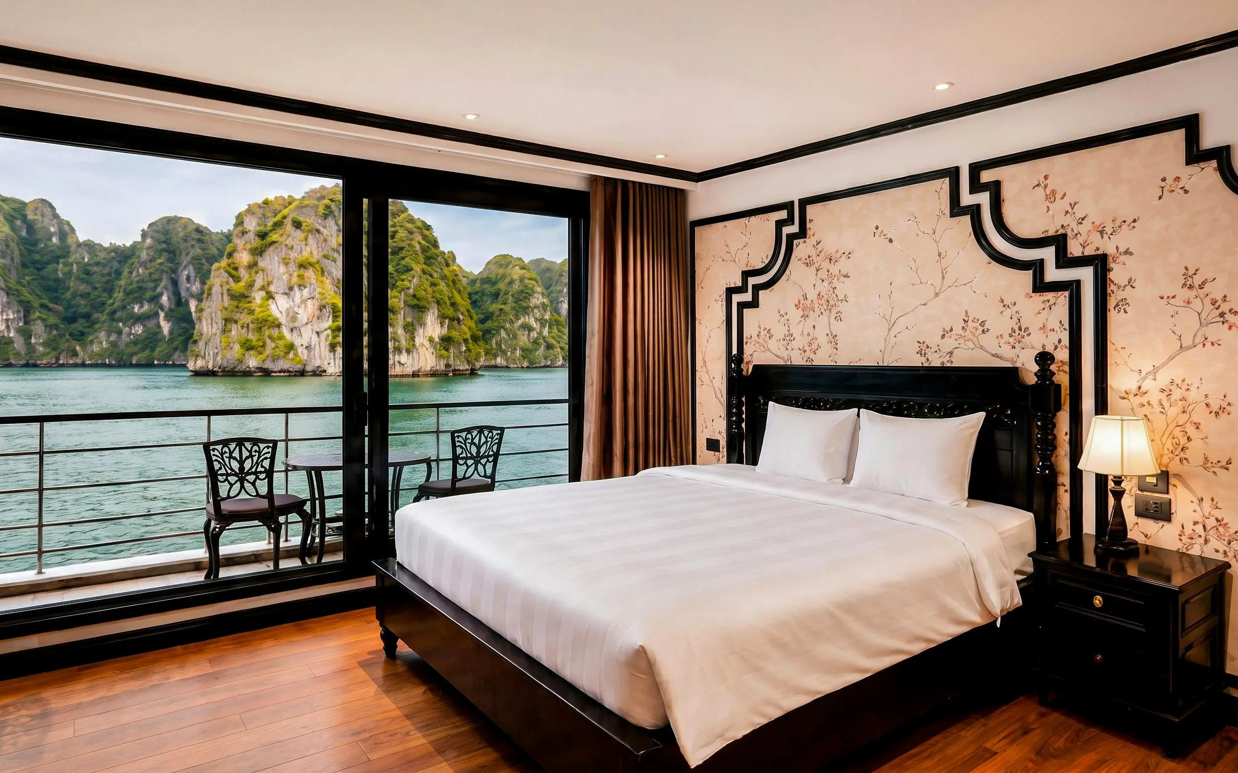Du Junior Cabin with sea view on Ha Long Bay 5-Star Premium Cruise, featuring elegant decor and balcony.
