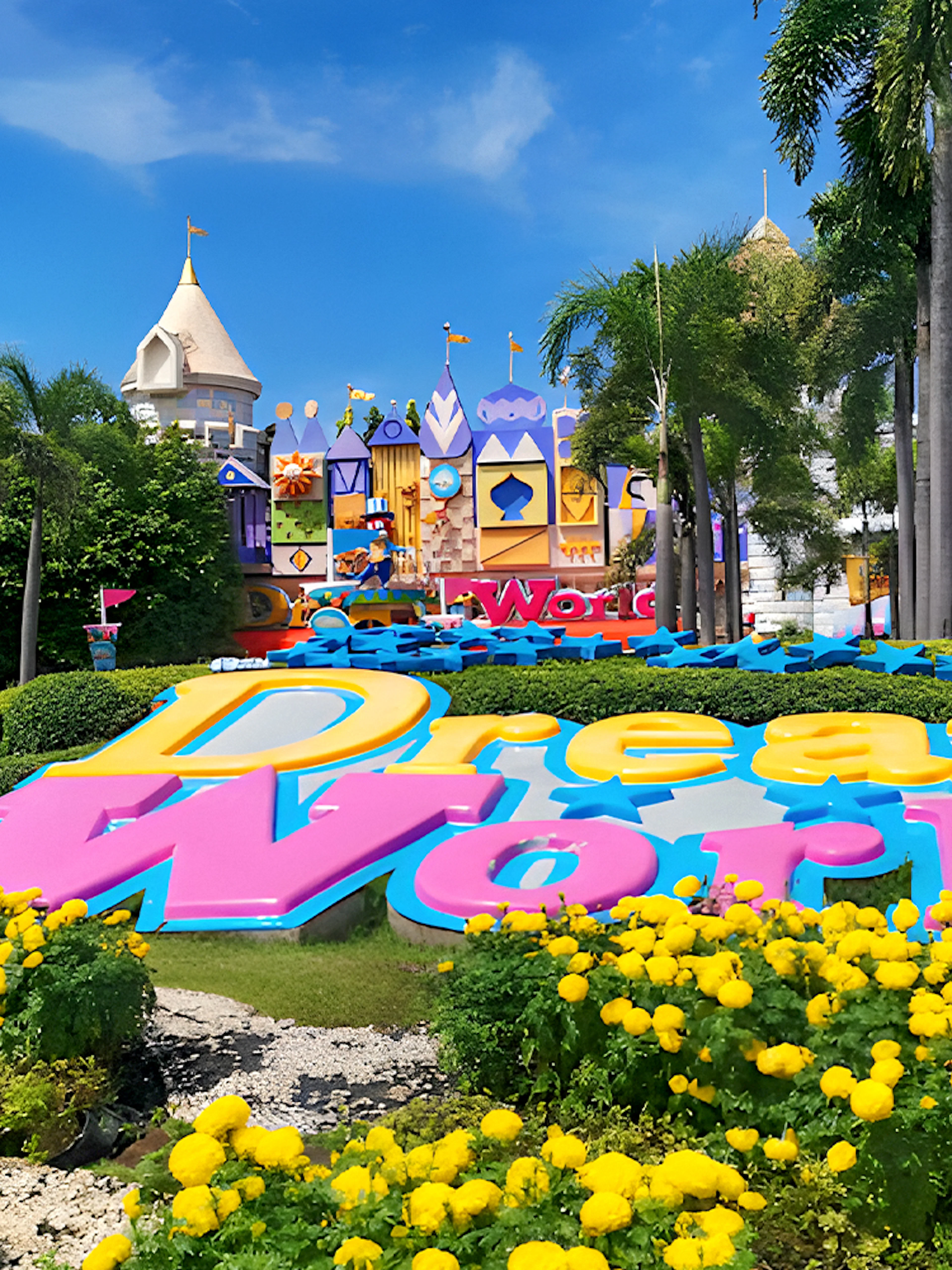 Dream World Bangkok entrance with colorful sign and vibrant gardens.