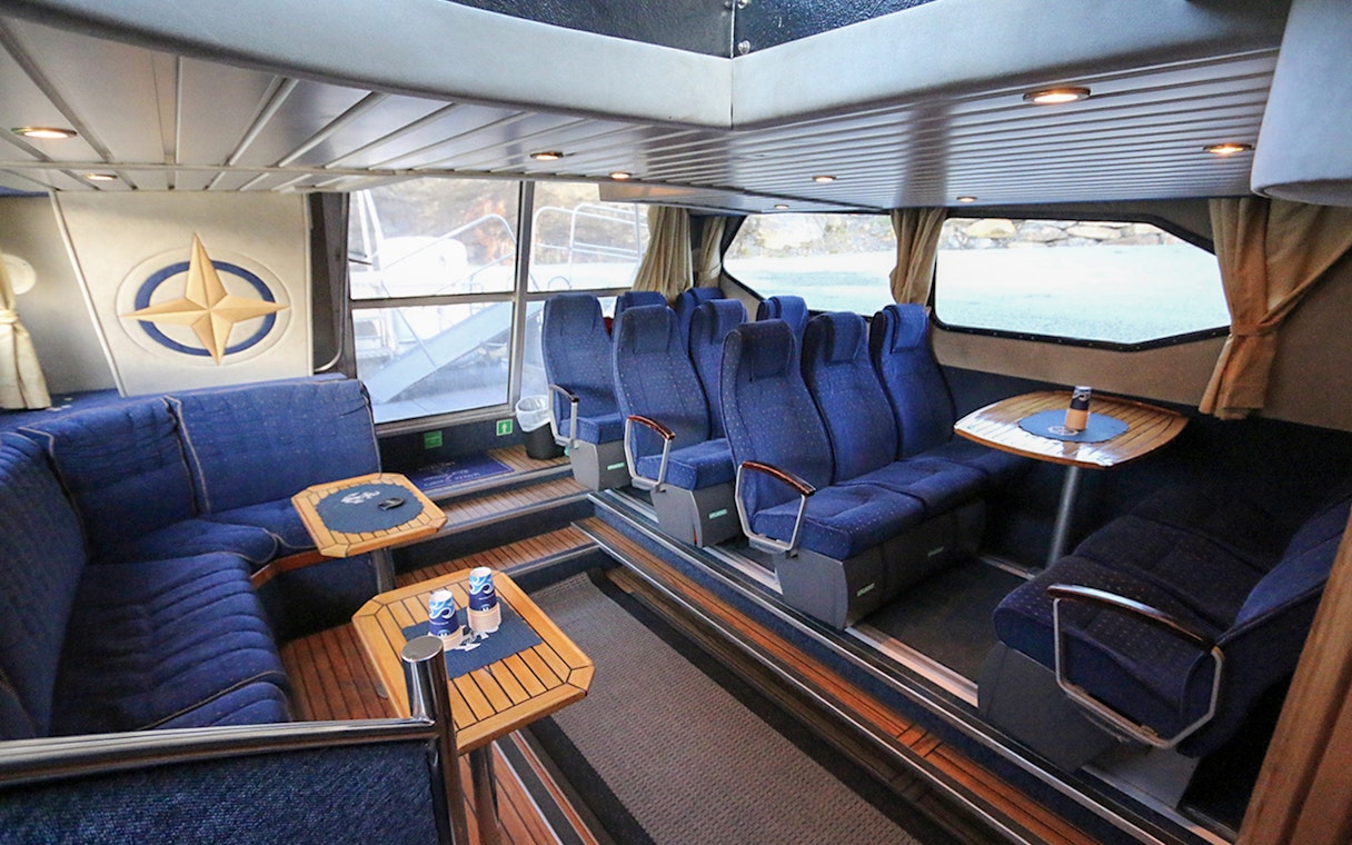 Interior seating area of a Fjordcruise boat to Lysefjord and Preikestolen, Norway.