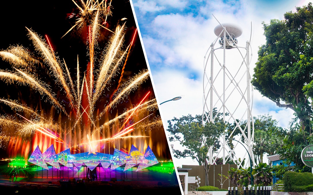 Fireworks at Wings of Time show and SkyHelix Sentosa tower in Singapore.