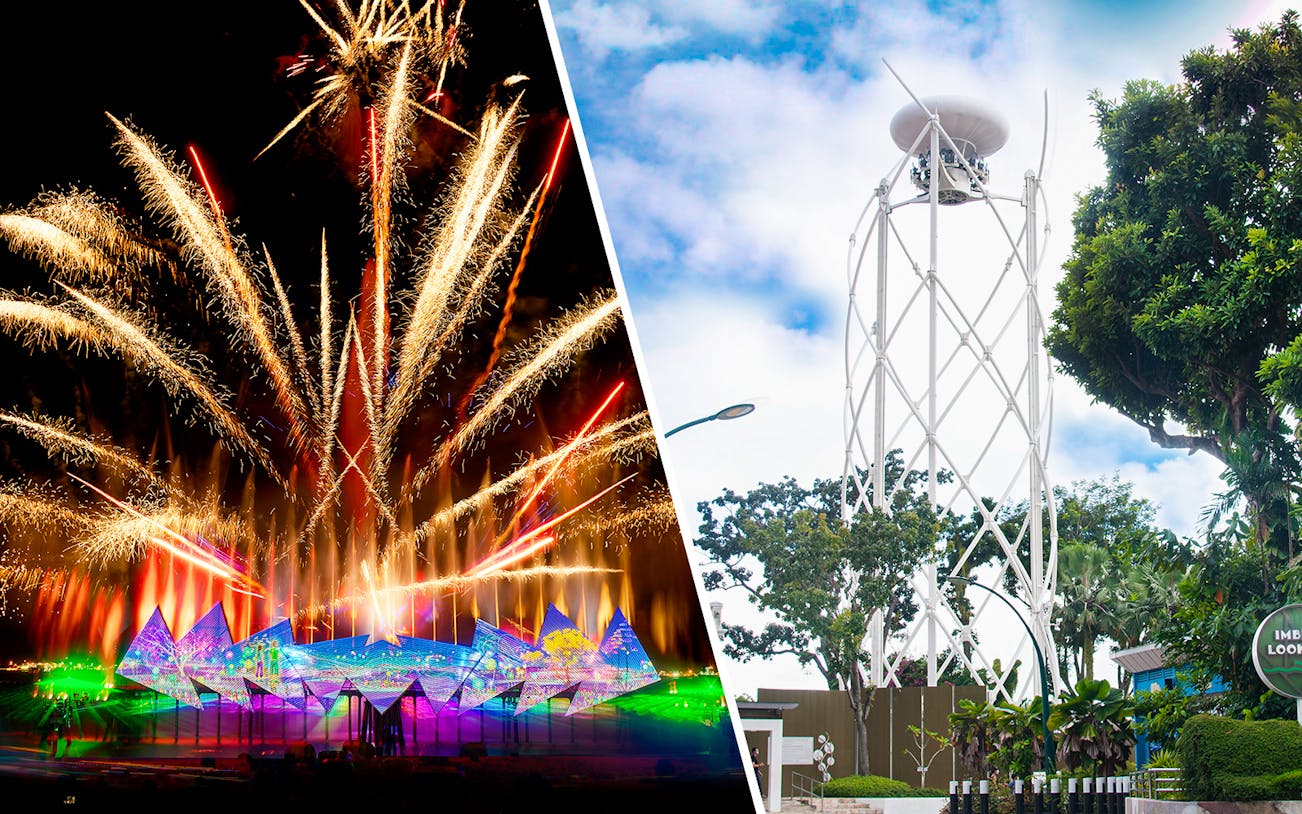 Fireworks at Wings of Time show and SkyHelix Sentosa tower in Singapore.
