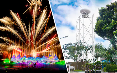 Fireworks at Wings of Time show and SkyHelix Sentosa tower in Singapore.