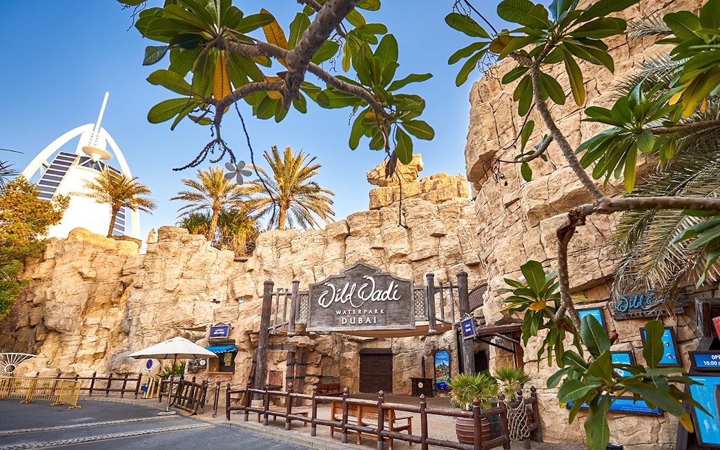Wild Wadi Water Park entrance with Burj Al Arab in the background, Dubai.