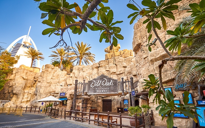 Wild Wadi Water Park entrance with Burj Al Arab in the background, Dubai.